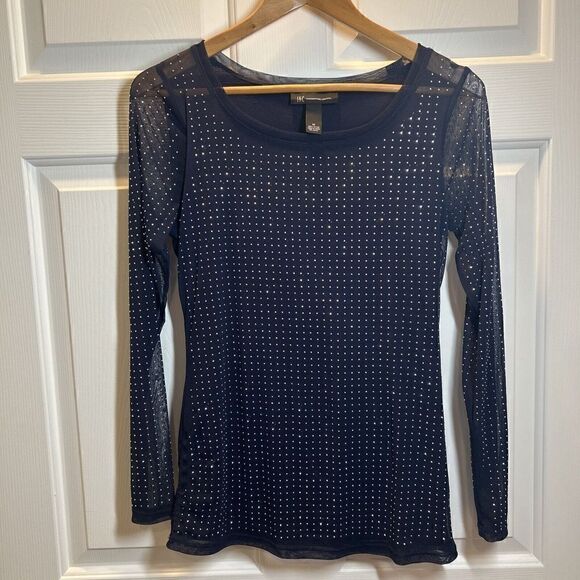 I.N.C.  International Concepts Navy Blue Sheer Long Sleeve Studded Blouse - Picture 1 of 5